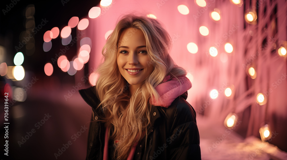 Young woman smiling, looking at the camera. Happy blonde smiling. Bokeh effect. AI generative