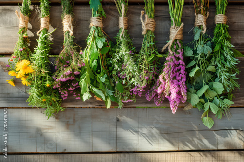 Hanging bunches of medicinal herbs and flowers on a wooden background. Herbal medicine. photo