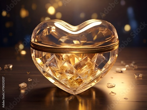 crystal box in the shape of a heart, something golden shines through inside
