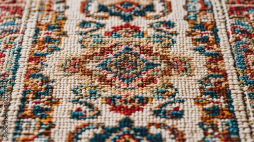 Beautiful carpet with a pattern. Closeup handicraft cotton handmade traditional floor rug