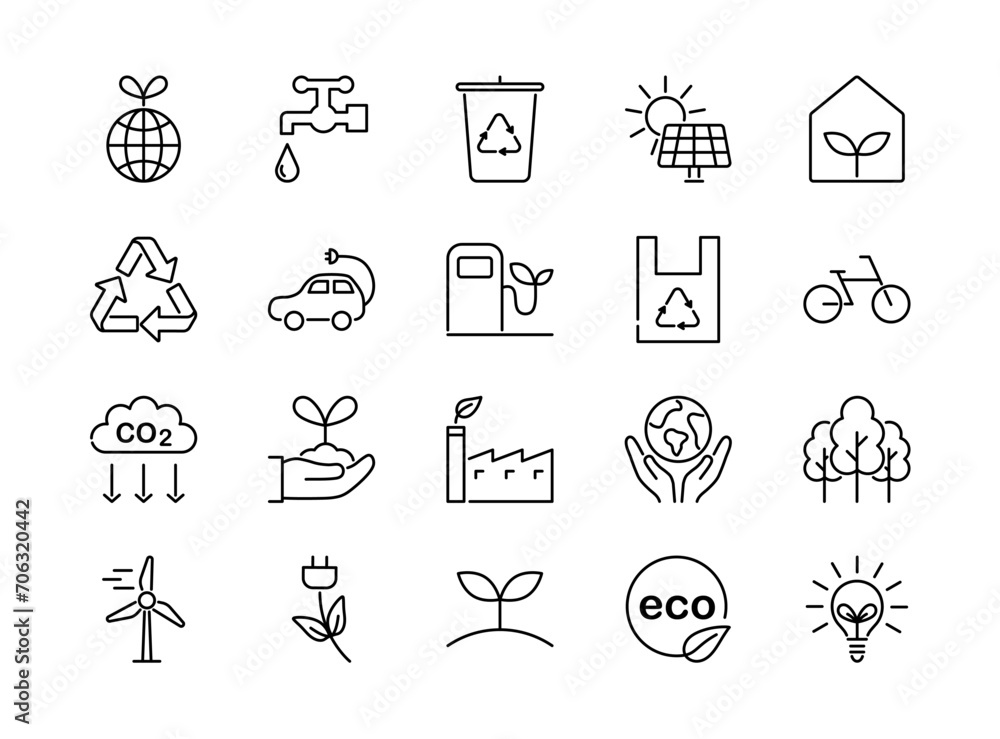 Fototapeta premium Eco friendly related thin line icons set. Editable stroke