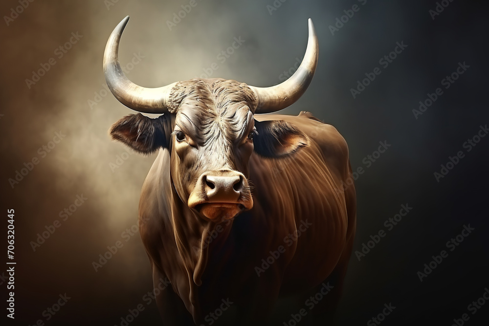 Naklejka premium Buffalo with big horns on dark background