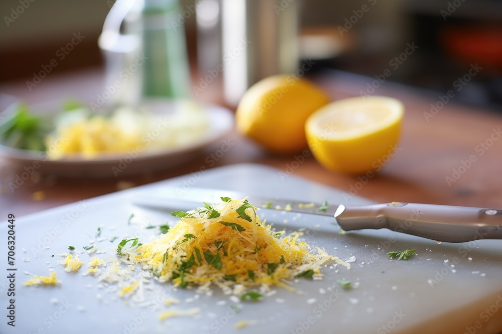 lemon zest being grated over served dish, hints of garlic lemon zest being grated over served dish, hints of garlic