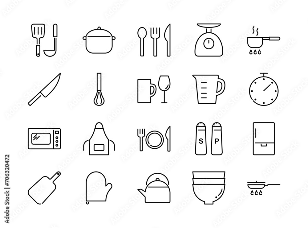 Cooking and kitchen tools line icons set. Vector illustration, editable stroke Cooking and kitchen tools line icons set. Vector illustration, editable stroke