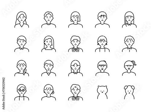 People  and pets avatar line icons set. Vector illustration, editable  stroke