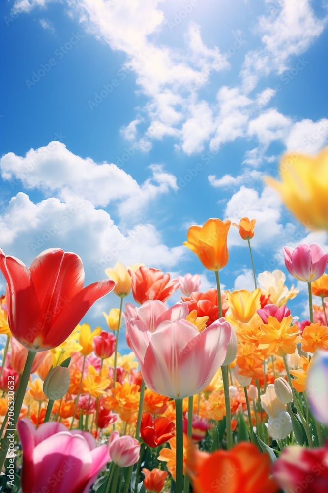 Obraz premium A meadow full of tulips, sun is shining on it, Front view, large blue sky takes a lot of space Generative AI