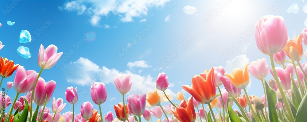 A meadow full of tulips, sun is shining on it, Front view, large blue sky takes a lot of space Generative AI A meadow full of tulips, sun is shining on it, Front view, large blue sky takes a lot of space Generative AI