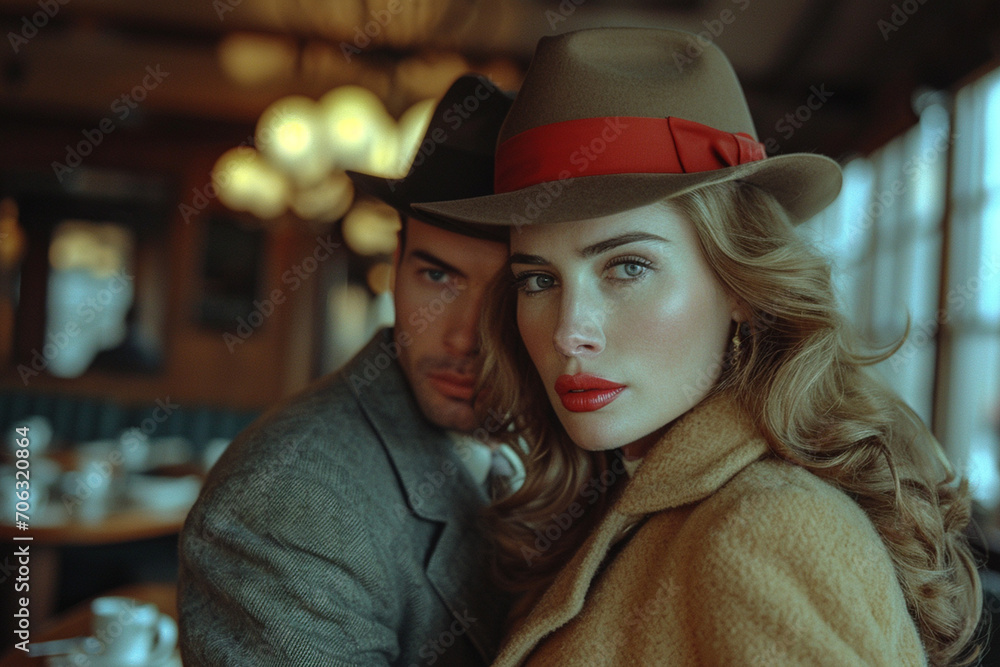 Stylish woman and man in 1950s clothes style in american diner, movie style Stylish woman and man in 1950s clothes style in american diner, movie style