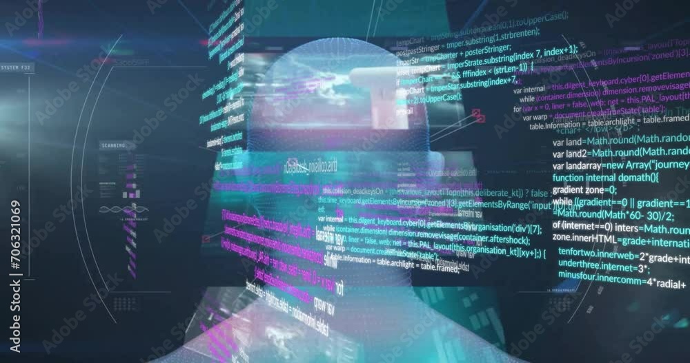 Animation of data processing and scope scanning over digital human head on black background Animation of data processing and scope scanning over digital human head on black background