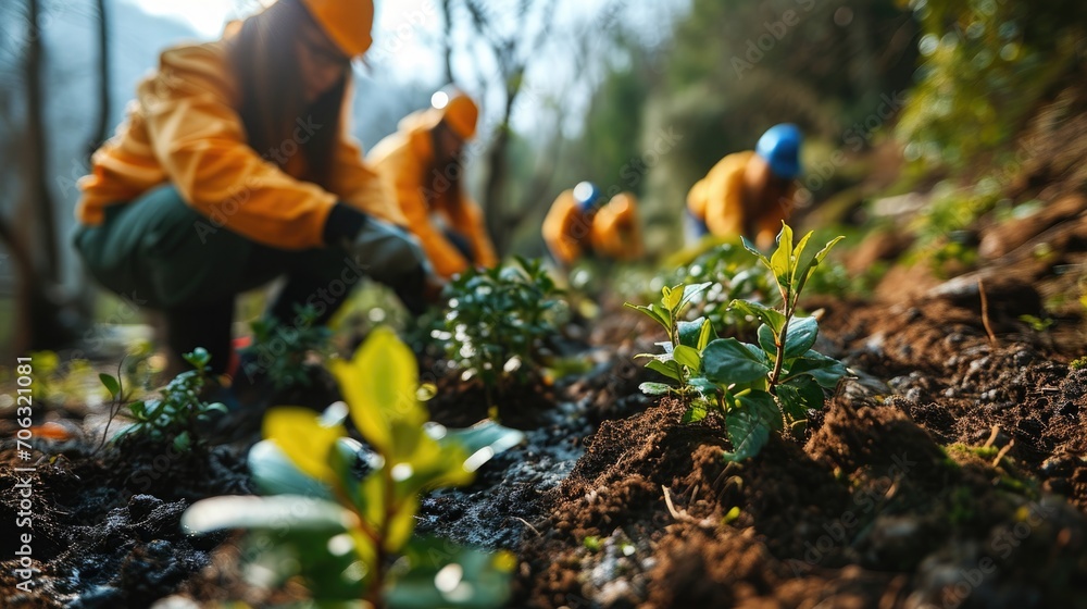 Naklejka premium Volunteers engage in reforestation efforts by planting young trees in a forested area surrounded by mountains during a sunny afternoon