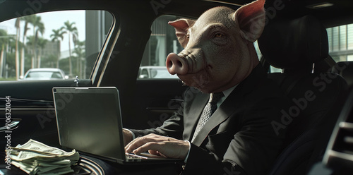 Businessman with a piggy head and a laptop in a car