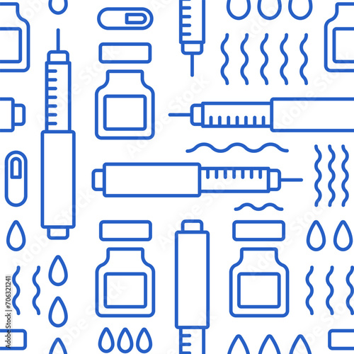 Seamless pattern with the image of attributes related to the diagnosis of diabetes. Vector elements image of insulin pen, insulin bottle and pills.