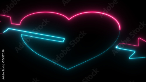 Neon love icon with cupid arrow. Glowing valentines  day symbol. Modern 3d heart shape on black background. Romantic silhouette, love target, passion , sign, victor, illustration. photo