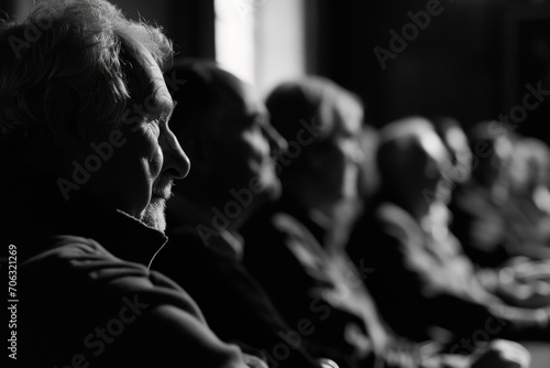 A black and white photo of people sitting at a table. Suitable for various uses