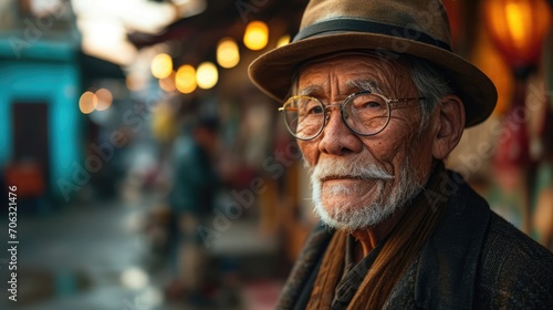 Elderly man with glasses wearing a hat stands in an old town showcasing street life during golden hour with warm soft lighting creating a serene atmosphere