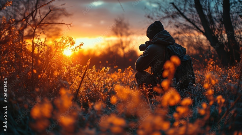 Sunset hunter observes wildlife among blooming flowers in a serene landscape during dusk Sunset hunter observes wildlife among blooming flowers in a serene landscape during dusk