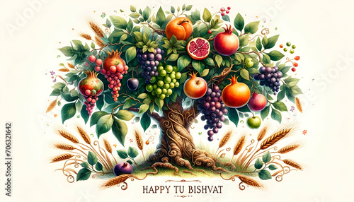 Watercolor image of a tree with various fruits for tu bishvat celebration. photo