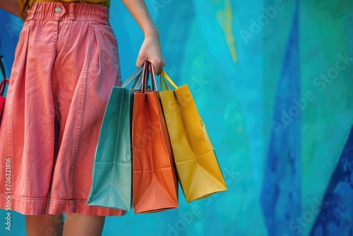 woman holding shopping bags over a blue background