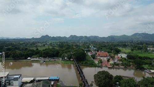 River Crossing Elegance: Aerial View of Suspension Bridge Over the Mae Khwae River.