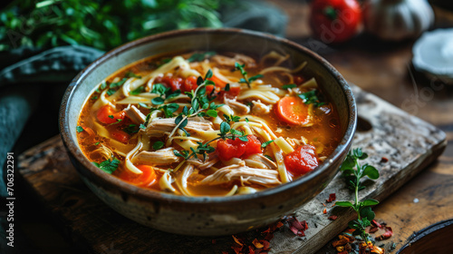 Delicious chicken noodle soup prepared in a rustic kitchen setting with fresh vegetables, herbs, and a warm ambiance on a cozy evening