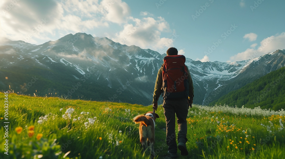 A man and a dog hiking in beautiful mountain landscape, man with tourist backpack hiking on spring wild field together with a dog. The concept of the campaign, hiking , spring traveling and nature. - obrazy, fototapety, plakaty 