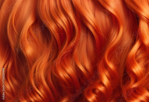 Red hair close-up as a background. Women's long orange hair