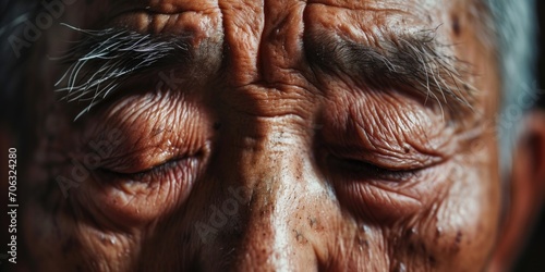 A close up view of a man's face with his eyes closed. Can be used to represent relaxation, meditation, or sleep