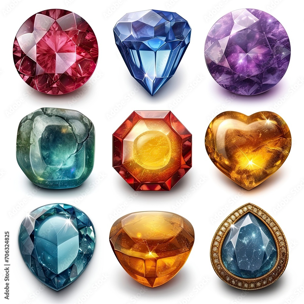 Fototapeta premium Jewel Gems Isolated On White Background, White Background, Illustrations Images