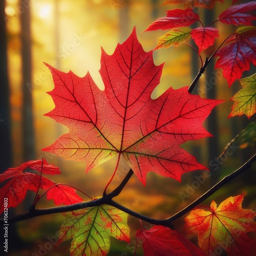 A close-up of a red maple leaf with veins and spots  detaching from a branch with other green and yellow leaves  against a blurred background of a forest in autumn  nature photography