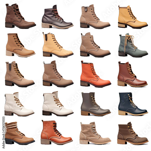 transparent background cutouts of women ladies short boots collection Set of different styles and colors
