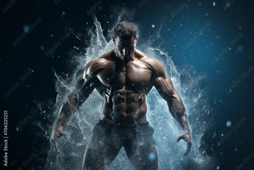 Athletic muscular male figure surrounded by splashes of water, concept of strength, freedom, energy, freshness.