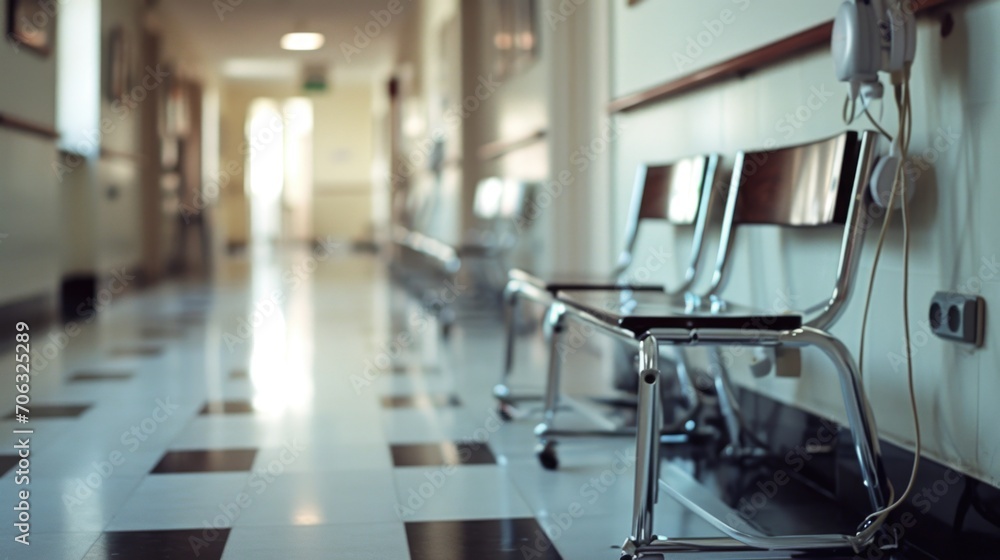 Fototapeta premium A row of empty chairs in a hospital hallway. Suitable for medical and healthcare concepts