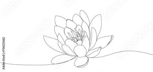 Lotus flower in single continuous line drawing style for logo or emblem. Water lily outline vector illustration for yoga studio, spa, zen center