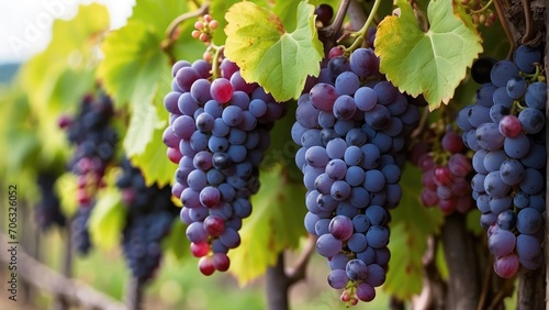 fresh black and green grapes on the grapes tree branch in the grapes field with sunlight background photo 