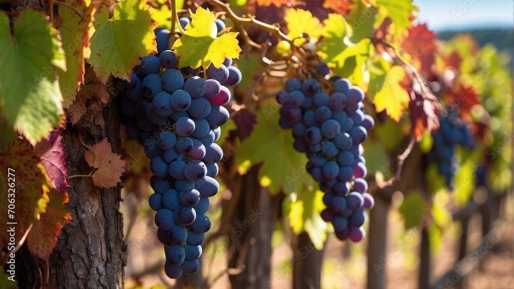 fresh black and green grapes on the grapes tree branch in the grapes field with sunlight background photo 