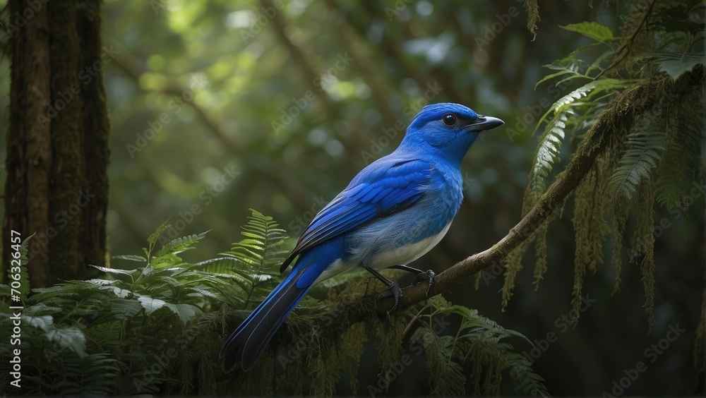 Beautiful black-naped monarch bird on a tree branch with flowers in the jungle background photo Beautiful black-naped monarch bird on a tree branch with flowers in the jungle background photo