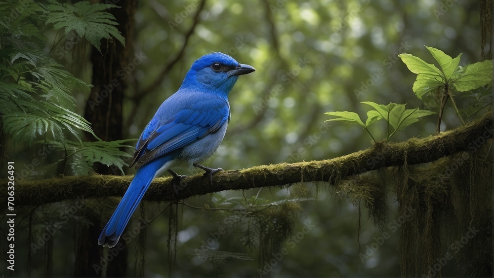 Obraz premium Beautiful black-naped monarch bird on a tree branch with flowers in the jungle background photo
