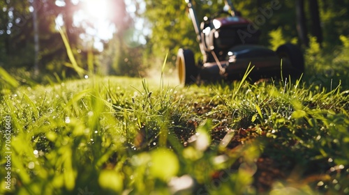 A lawn mower sitting on top of a lush green field. Ideal for landscaping and gardening concepts