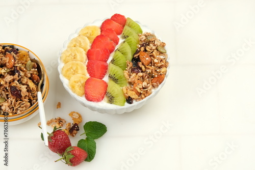 Greek Yogurt, granola and fresh fruit, Healthy food 