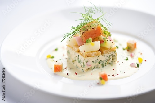 potato salad with a creamy dressing drizzle, in a white square dish