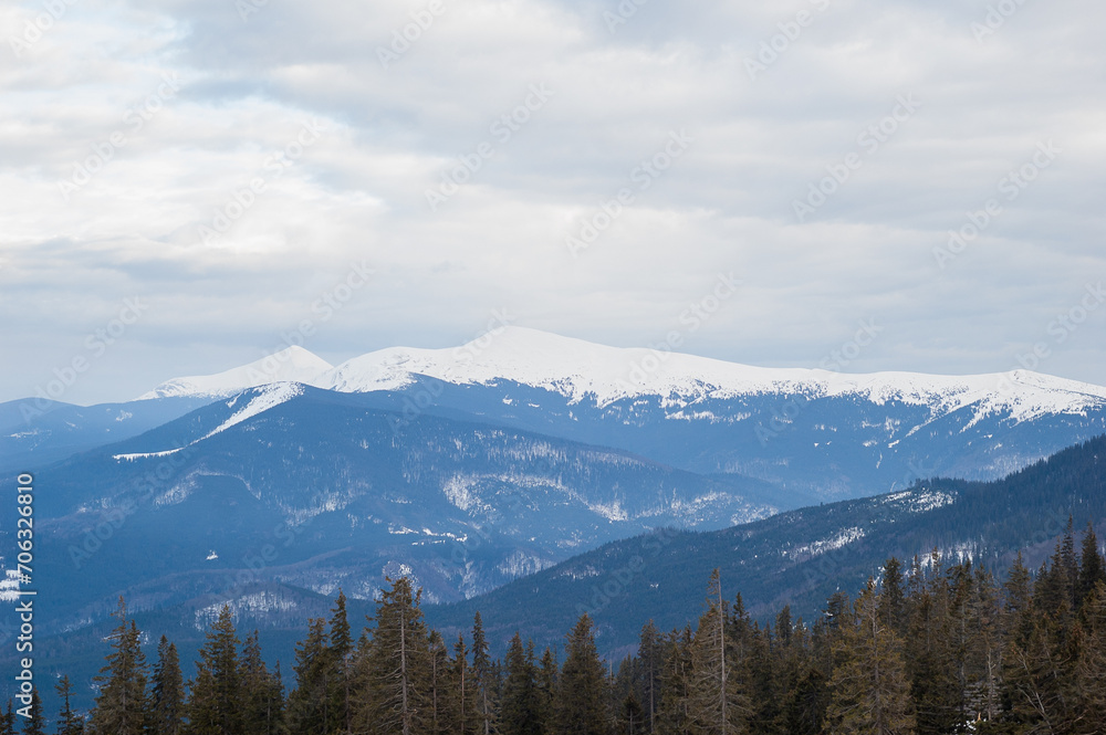 A view of snow-covered mountain peaks