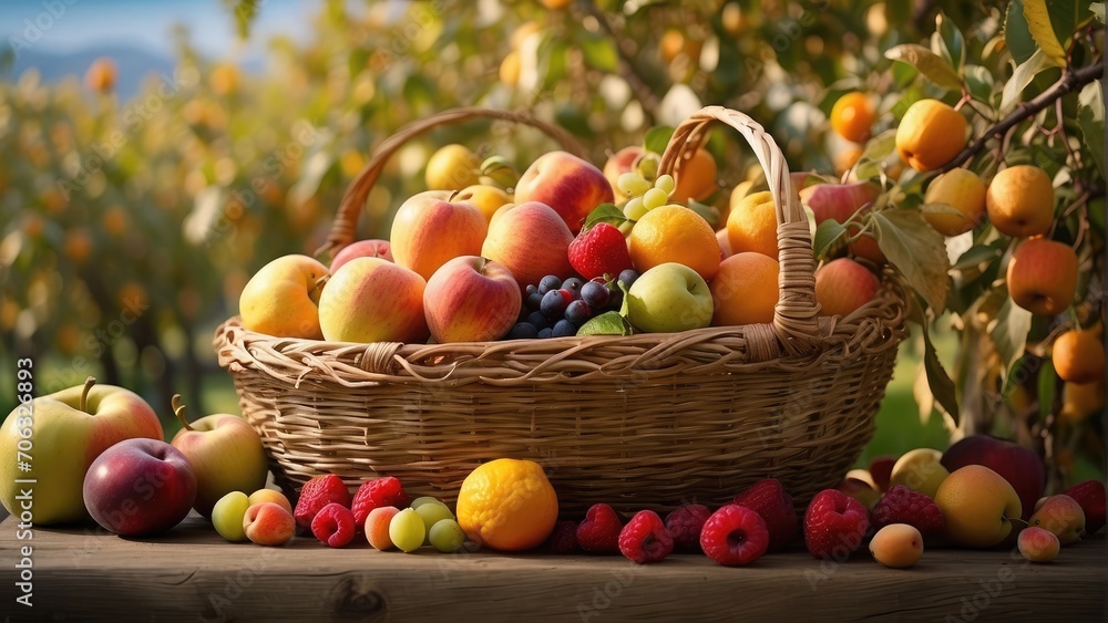 various fresh fruits in a basket of the apples fields photo various fresh fruits in a basket of the apples fields photo