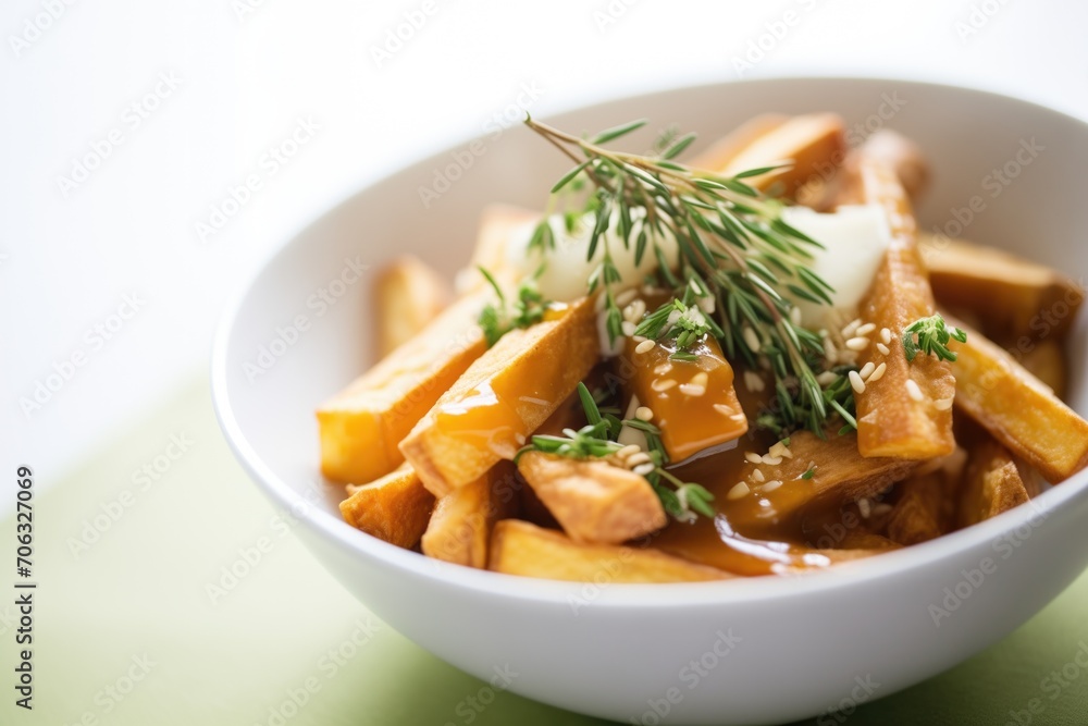 vegan poutine with dairy-free cheese, close up vegan poutine with dairy-free cheese, close up