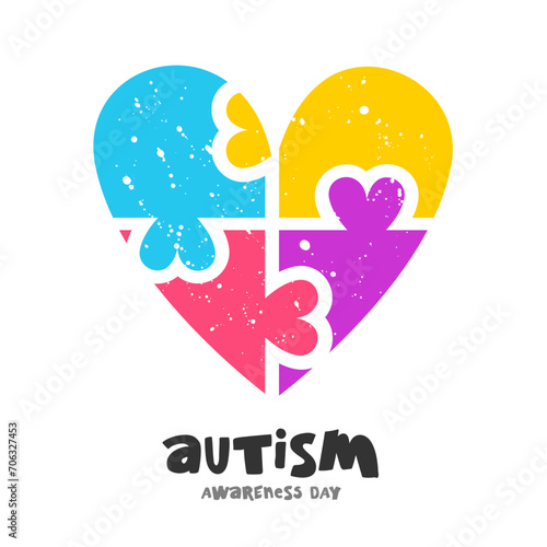 Colorful puzzle with hearts in the shape of a heart. Autism Awareness Day. Lettering. Elements for the design.