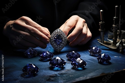 Close-up of jeweler's hands inspecting a large diamond in a dark room.