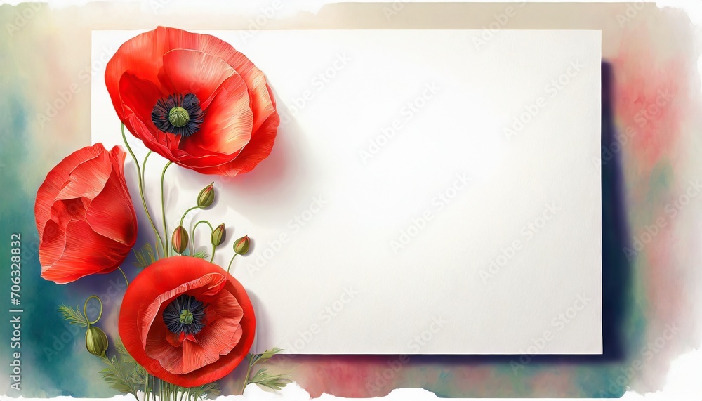 Biała kartka z miejscem na tekst otoczona czerwonymi kwiatami maków - obrazy, fototapety, plakaty 