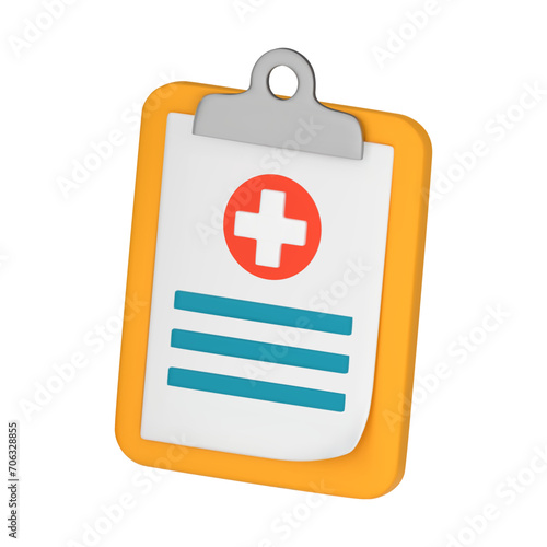 3D medical card, clipboard with notes and cross, report, health data, medical history concept. 3D vector illustration isolated on white background