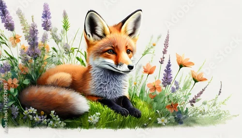Obraz Lis leżący na posłaniu z trawy w otoczeniu ziół i kwiatów