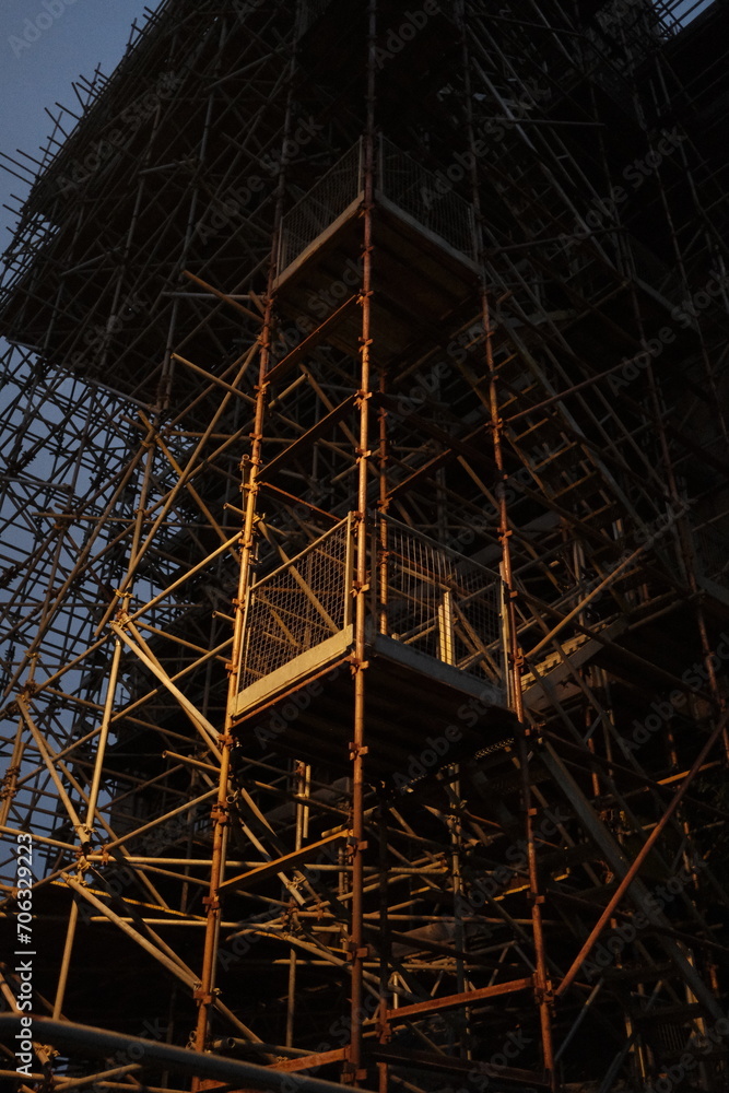 Metal scaffolding at night