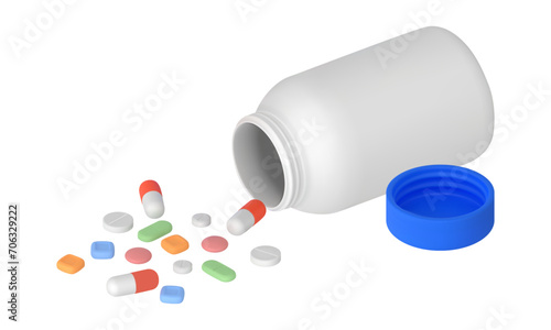 A Collection of Spilled Pills. A bottle of pills spilling out of it. 3D vector illustration isolated on white background